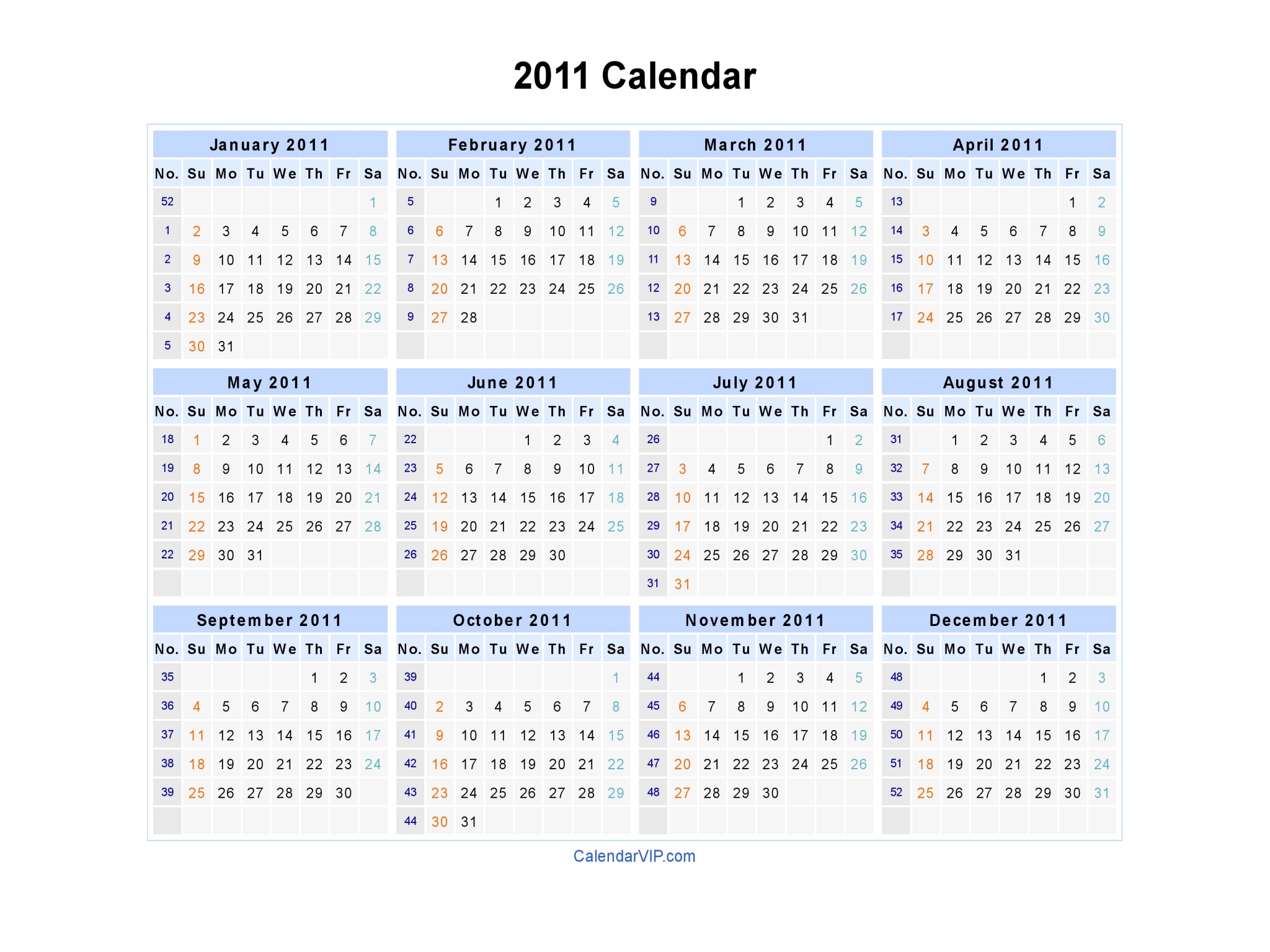 2011 Calendar - Blank Printable Calendar Template in PDF Word Excel