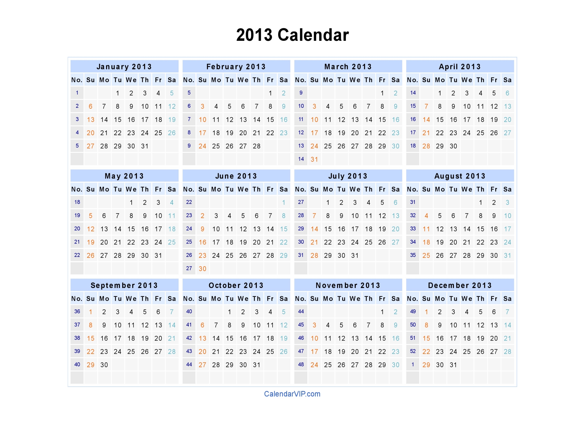 2013 Calendar Blank Printable Calendar Template in PDF Word Excel