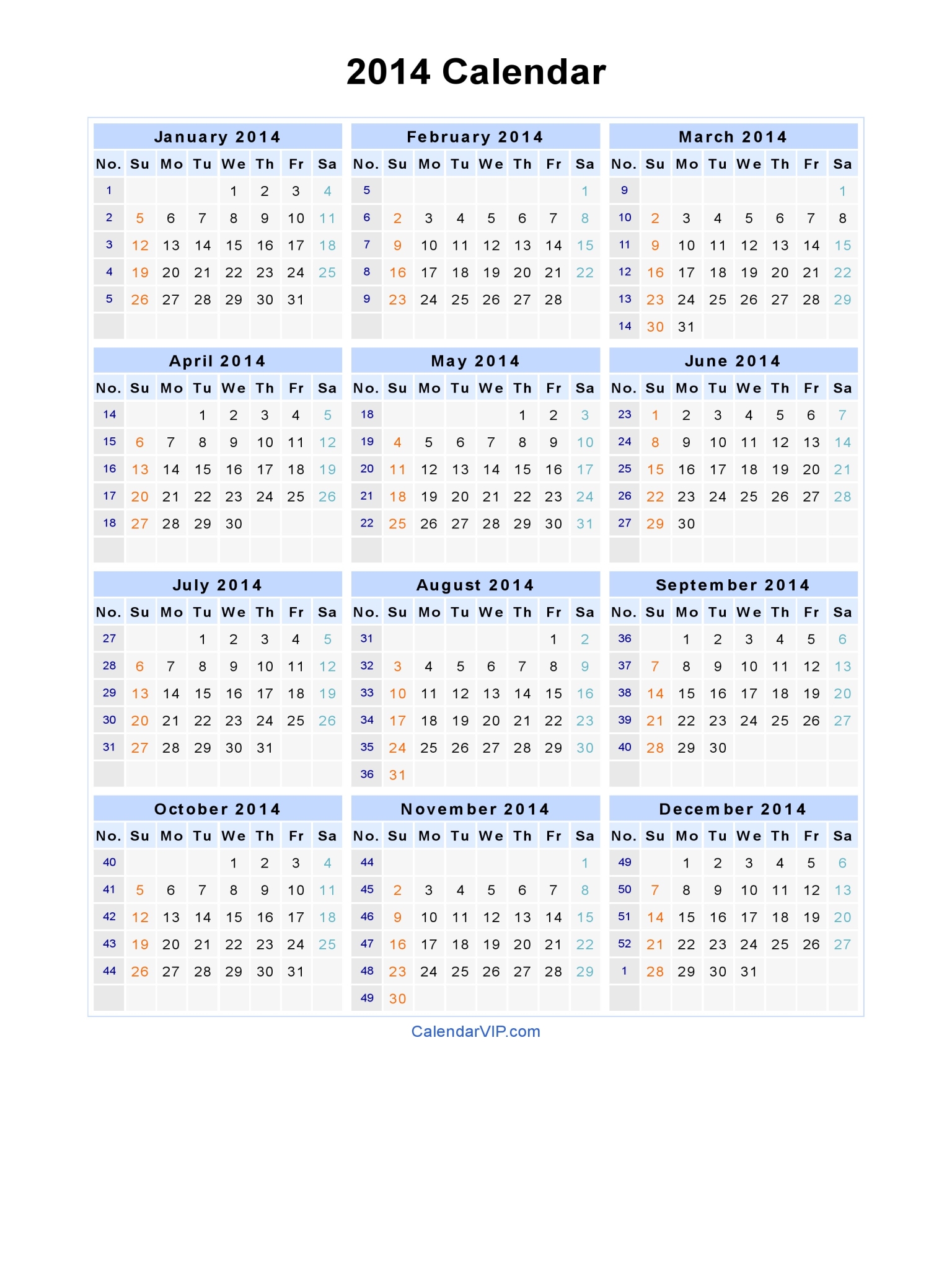 2014 Calendar - Blank Printable Calendar Template in PDF ...
