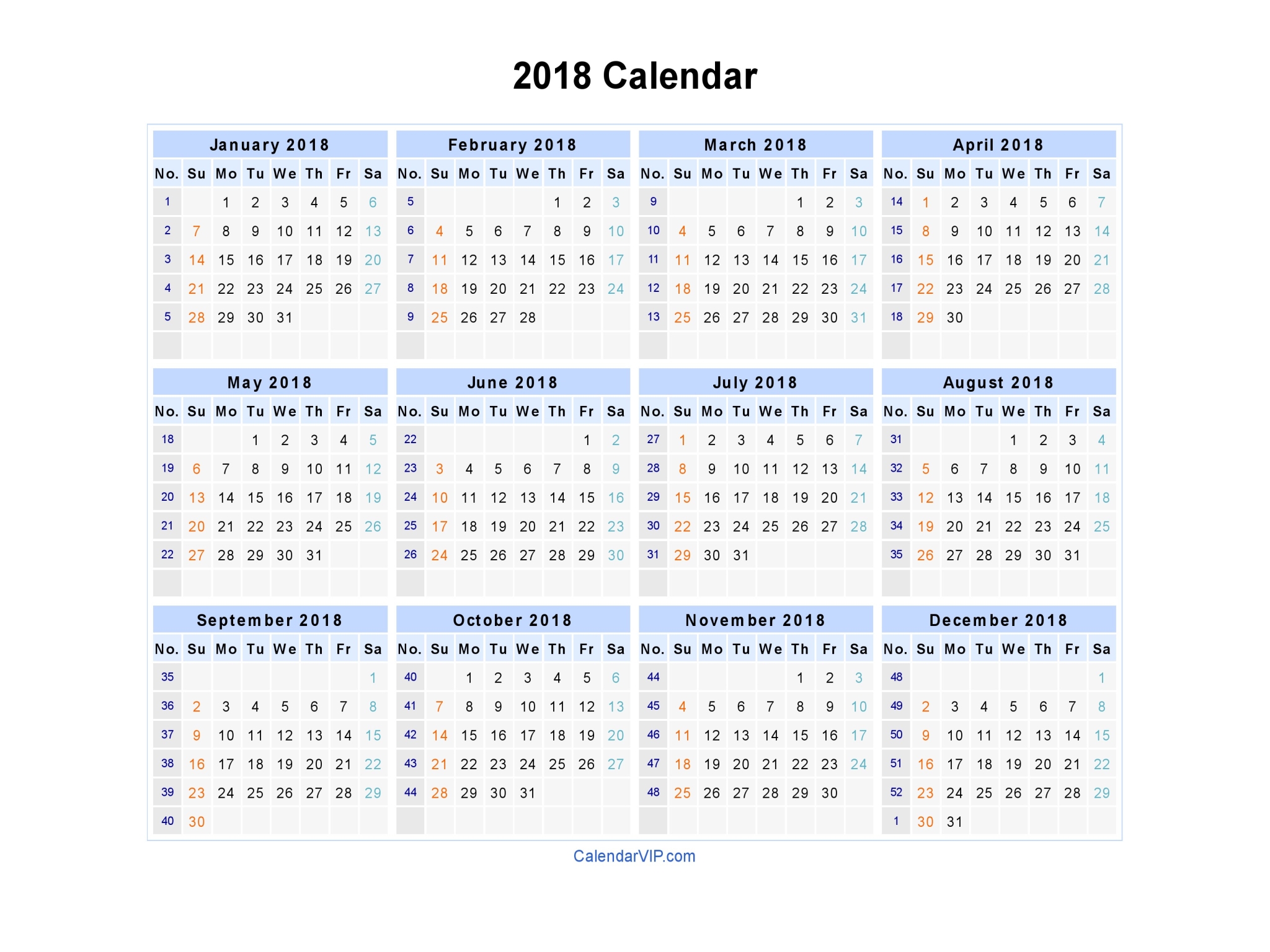 2018 Calendar - Blank Printable Calendar Template in PDF Word Excel
