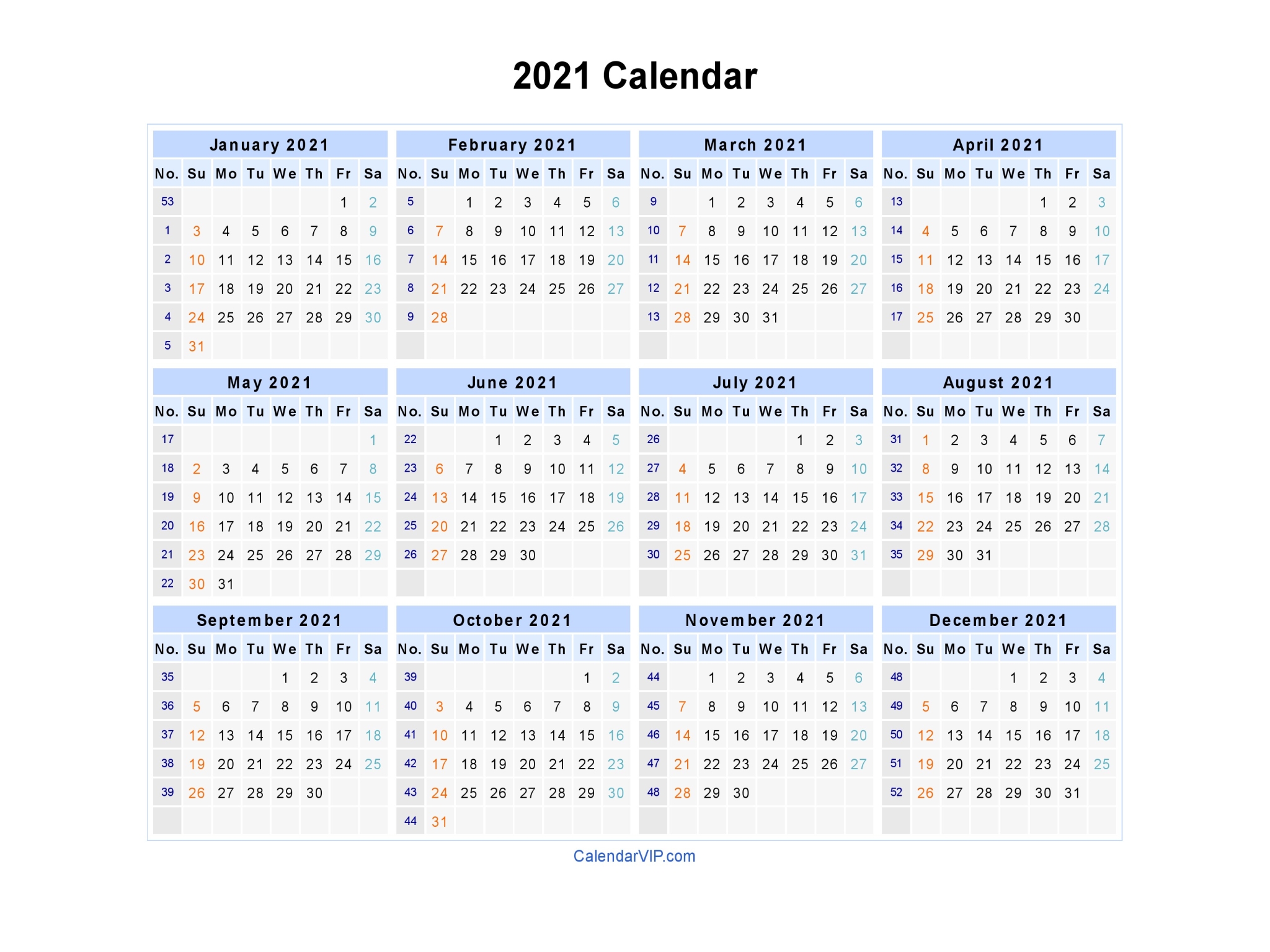 2021 Calendar - Blank Printable Calendar Template in PDF ...