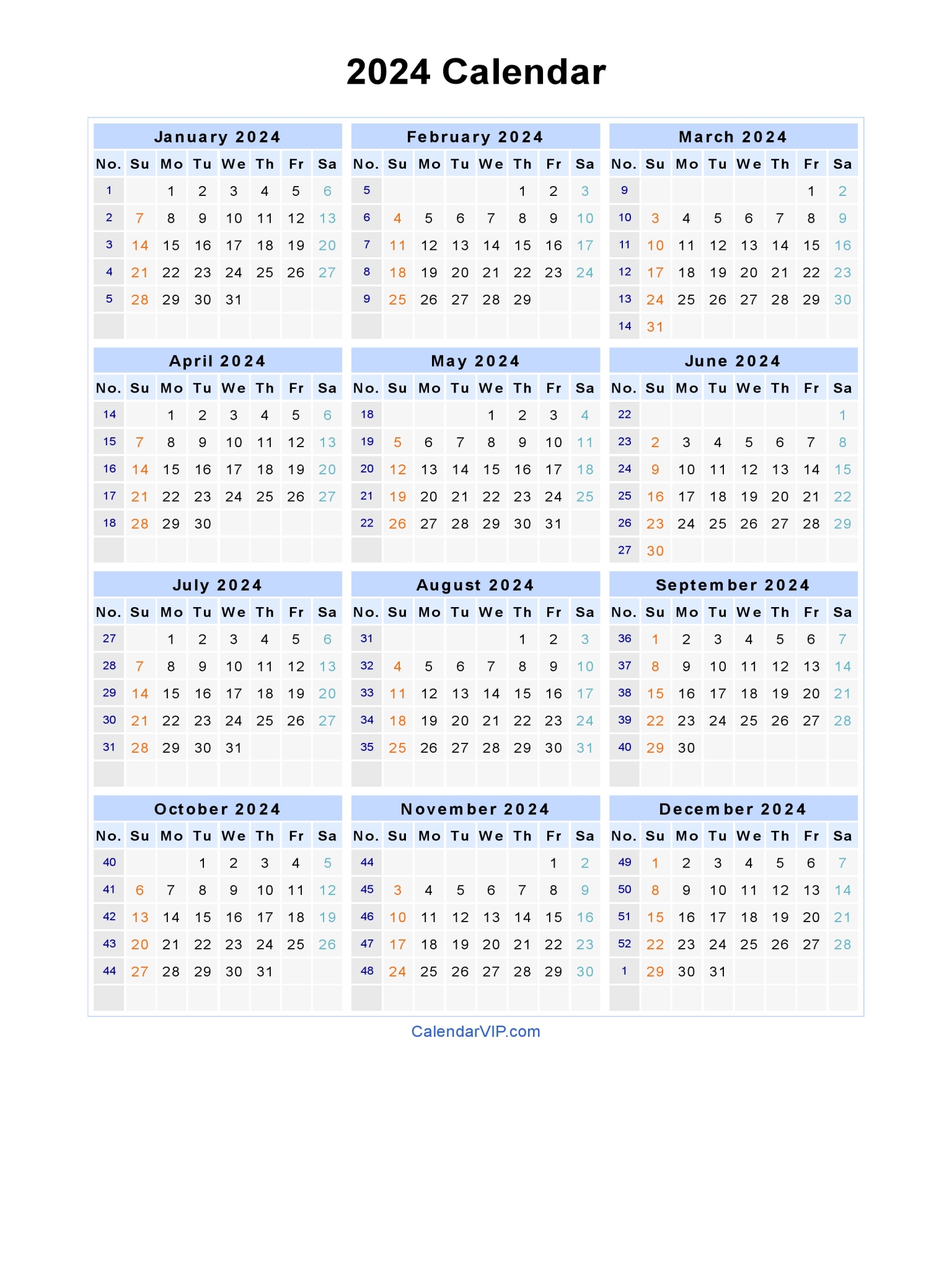 2024 Calendar Blank Printable Calendar Template In PDF Word Excel