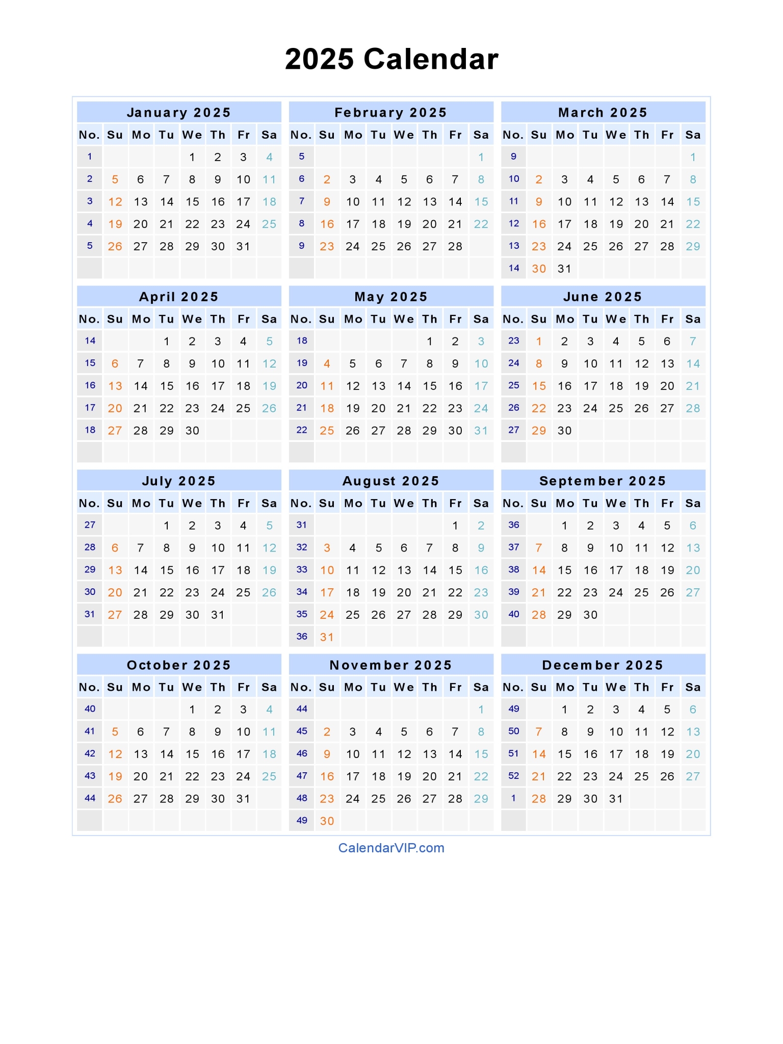 2025 Calendar Blank Printable Calendar Template In PDF Word Excel
