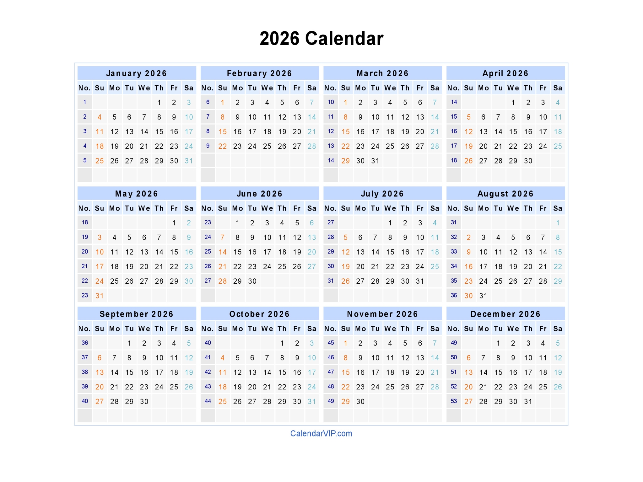 2026 Calendar - Blank Printable Calendar Template in PDF Word Excel