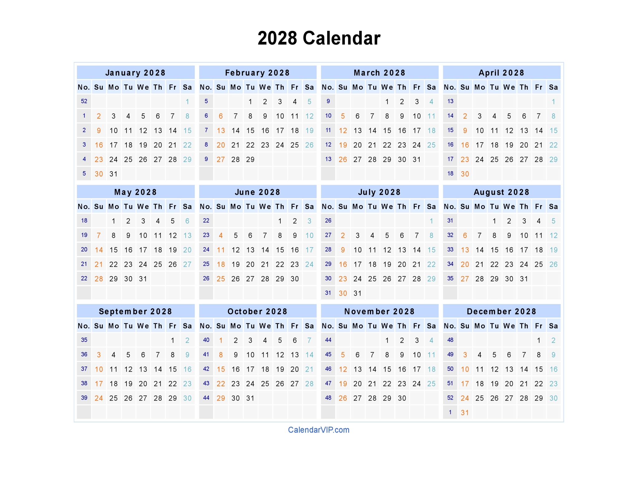 2028 Calendar Blank Printable Calendar Template In Pdf Word Excel