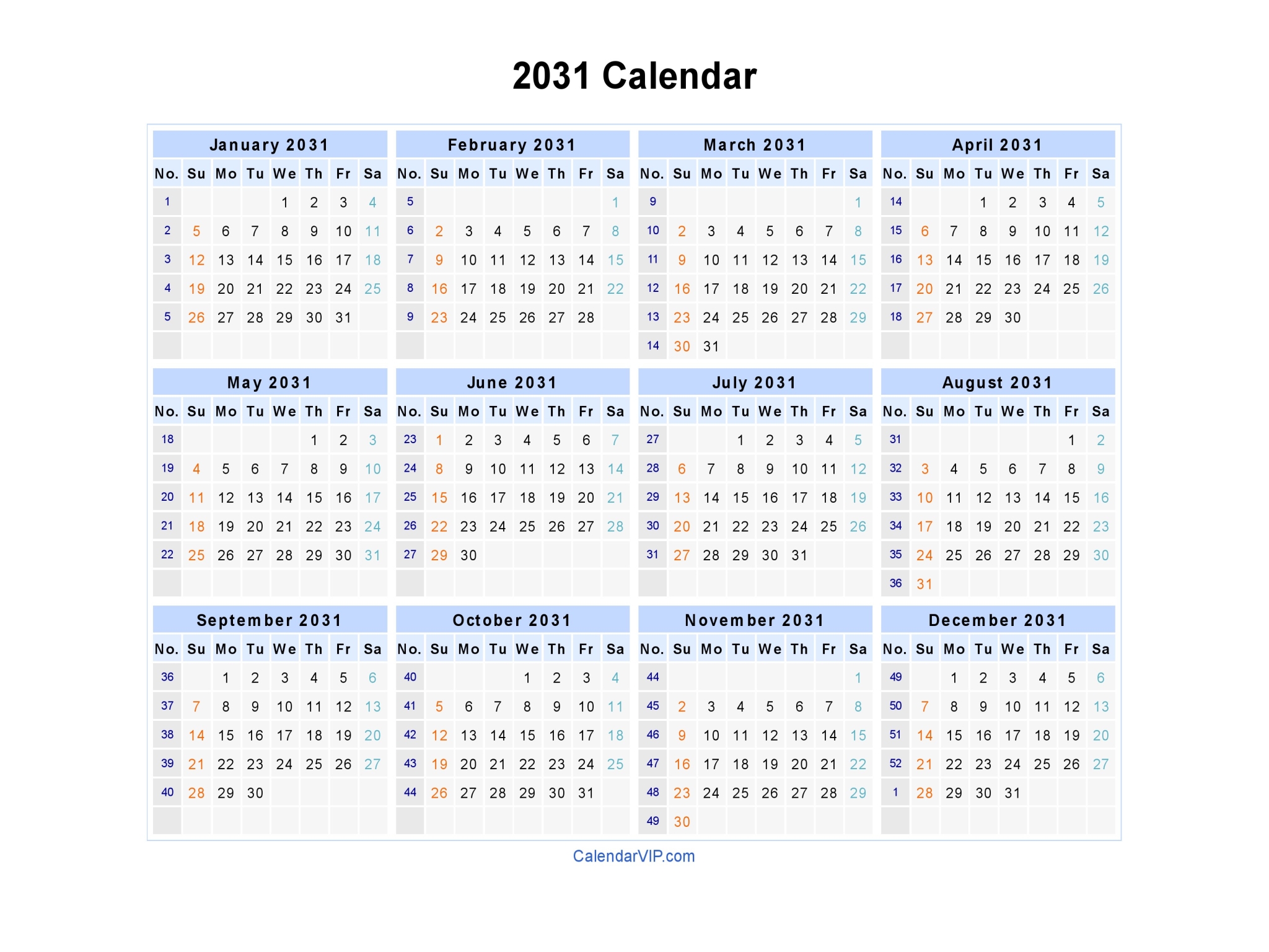 2031 Calendar - Blank Printable Calendar Template in PDF Word Excel