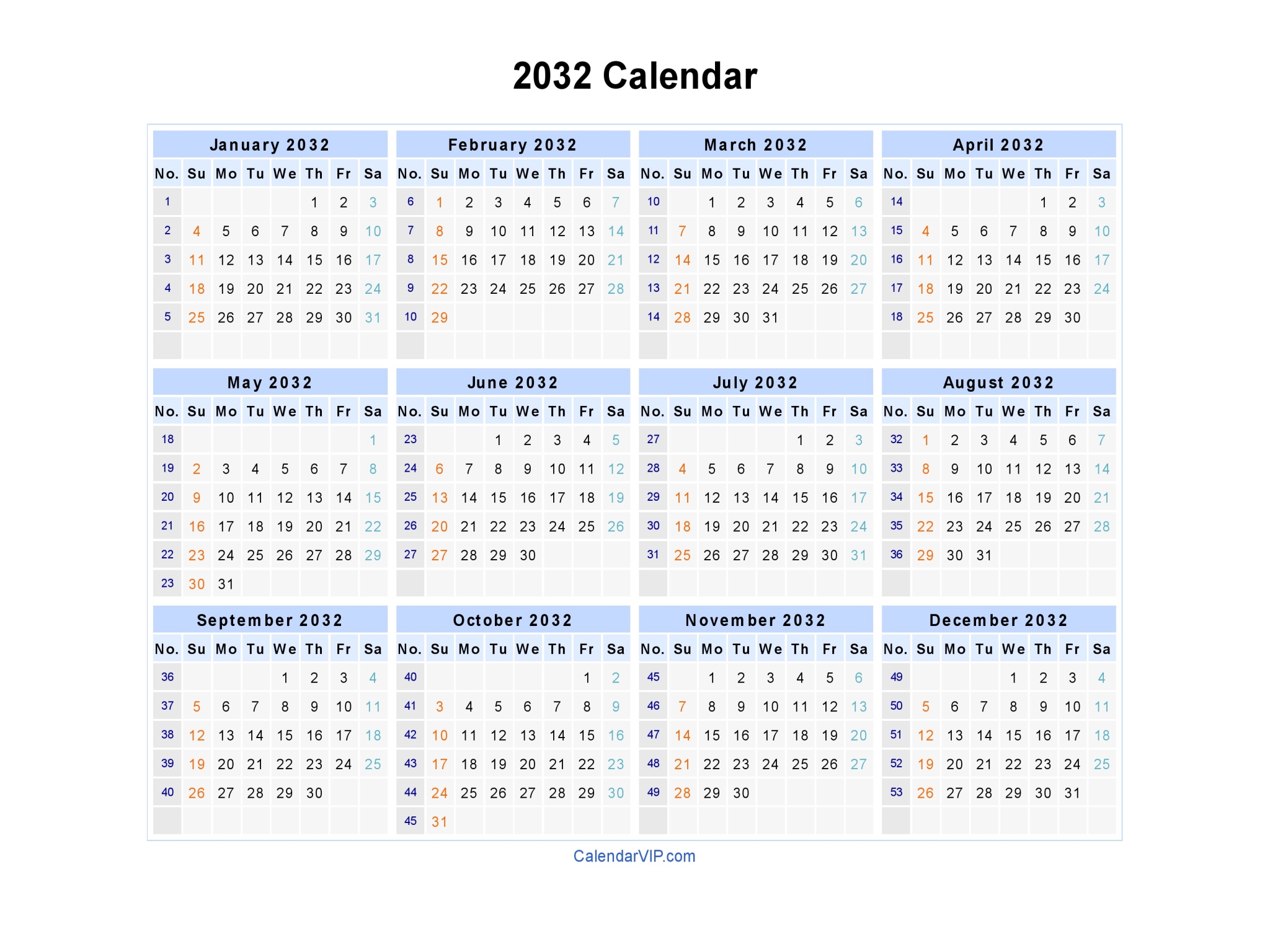 2032 Calendar Blank Printable Calendar Template in PDF Word Excel