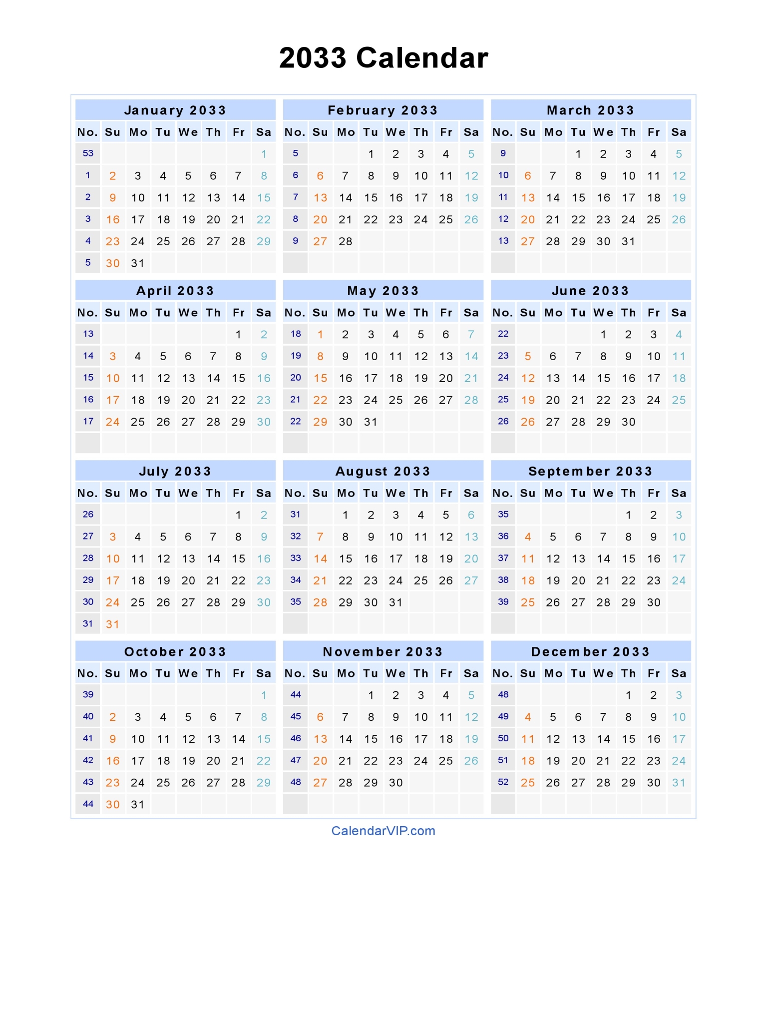 2033 Calendar Blank Printable Calendar Template In Pdf Word Excel