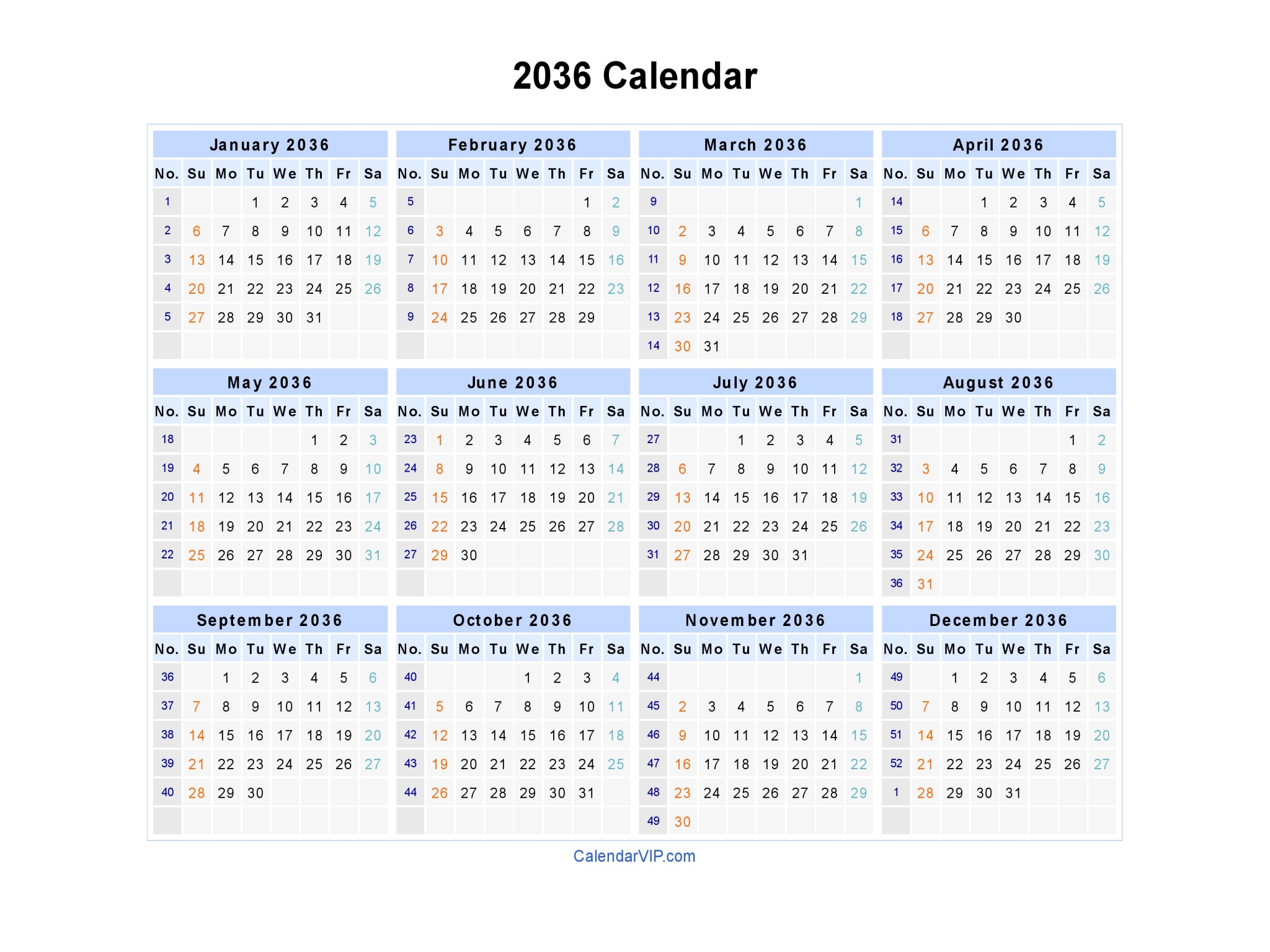2036 Calendar - Blank Printable Calendar Template in PDF Word Excel