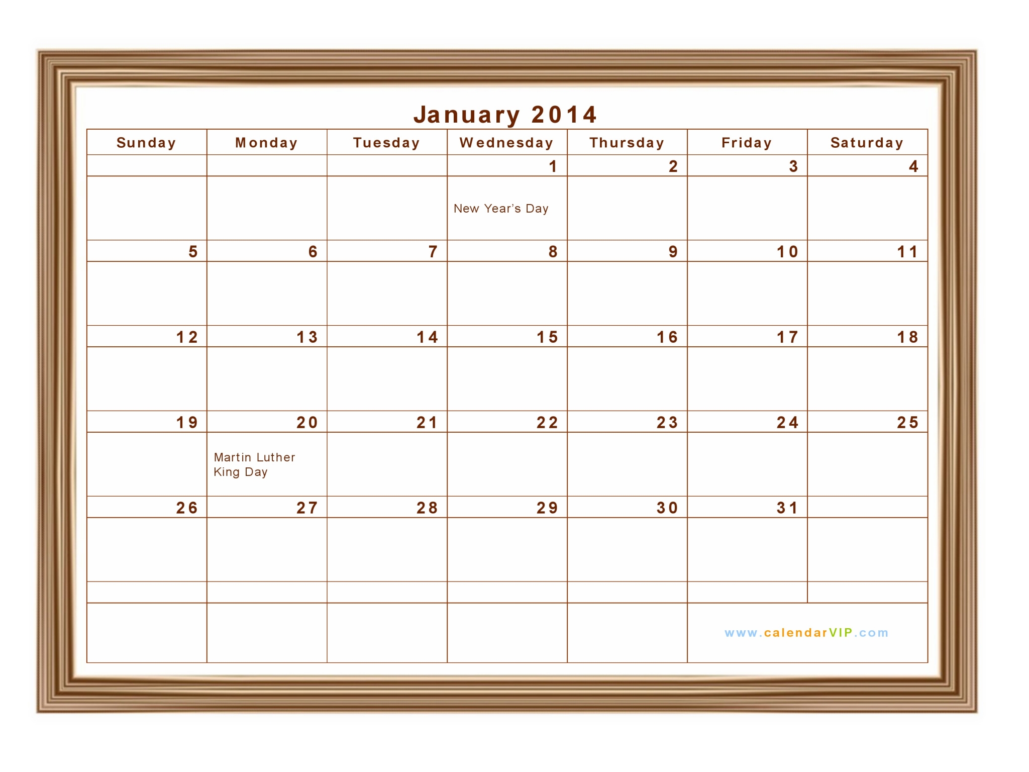 January 2014 Calendar Blank Printable Calendar Template in PDF Word Excel