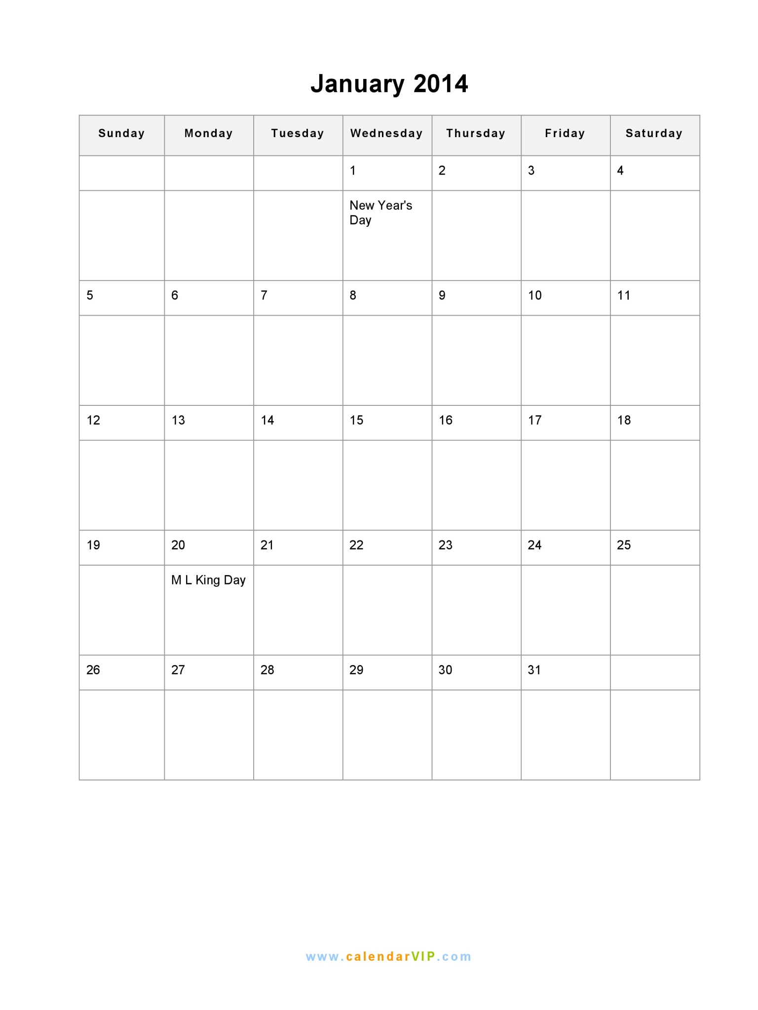 January 2014 Calendar - Blank Printable Calendar Template in PDF Word Excel