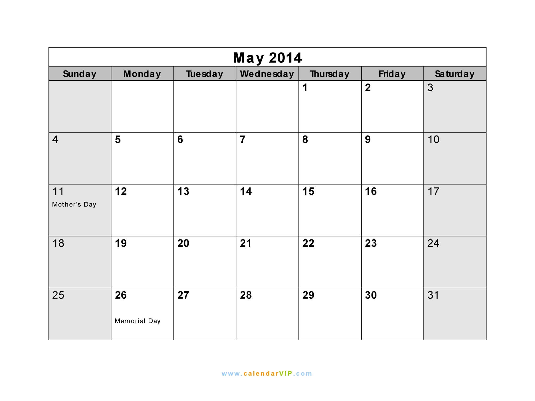 May 2014 Calendar Blank Printable Calendar Template in PDF Word Excel