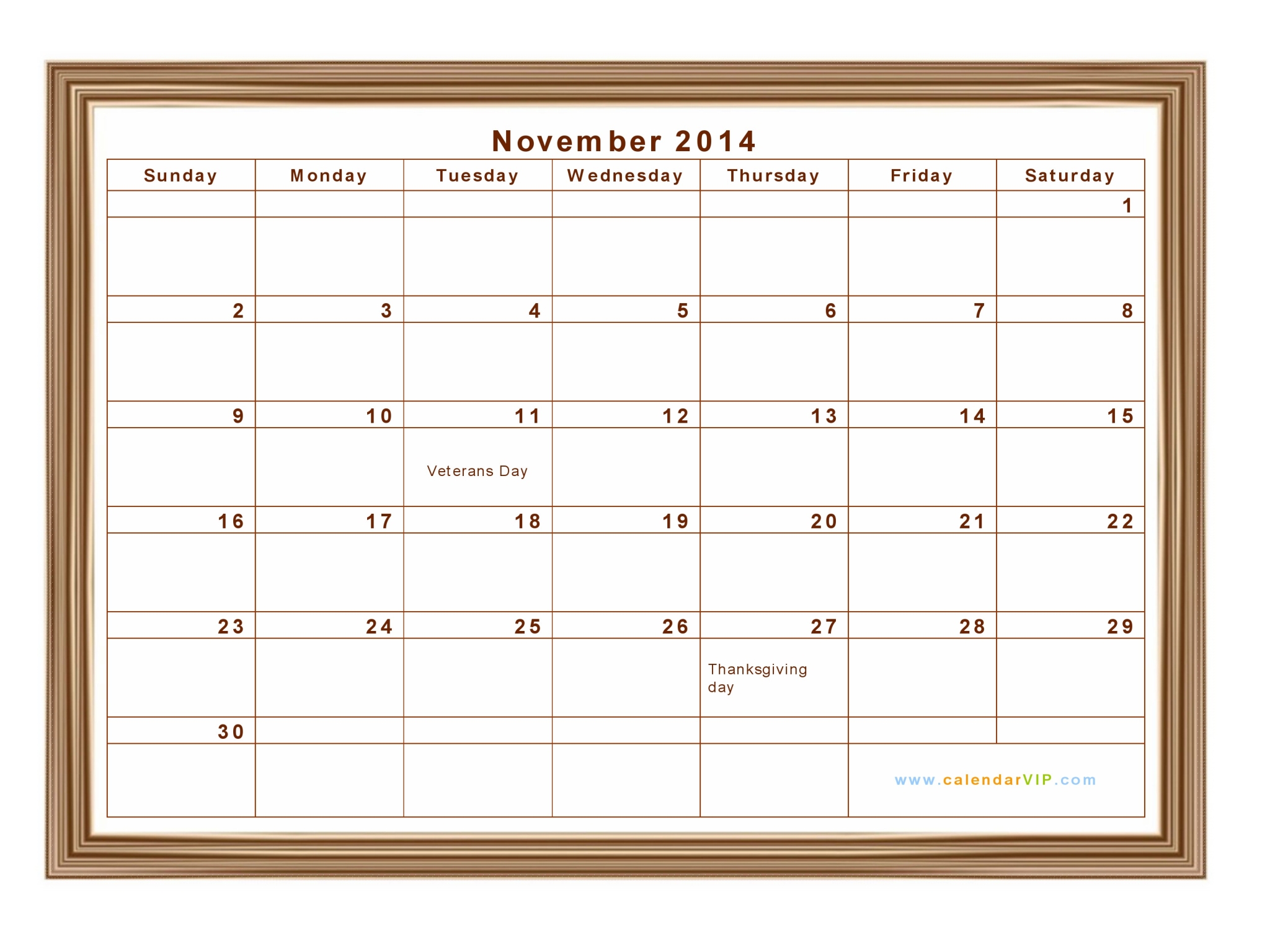 November 2014 Calendar Blank Printable Calendar Template in PDF Word