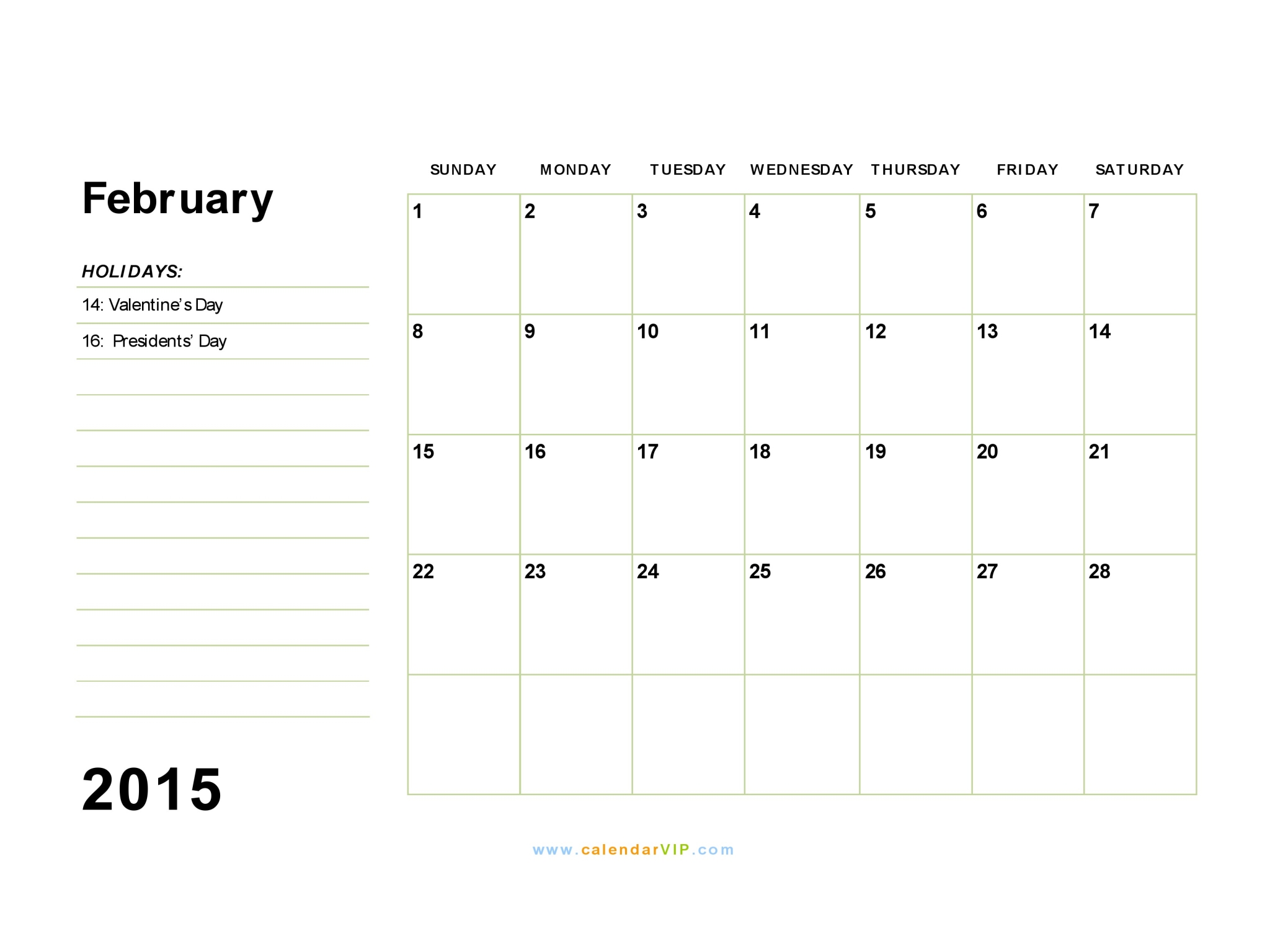 February 2015 Calendar Blank Printable Calendar Template in PDF Word