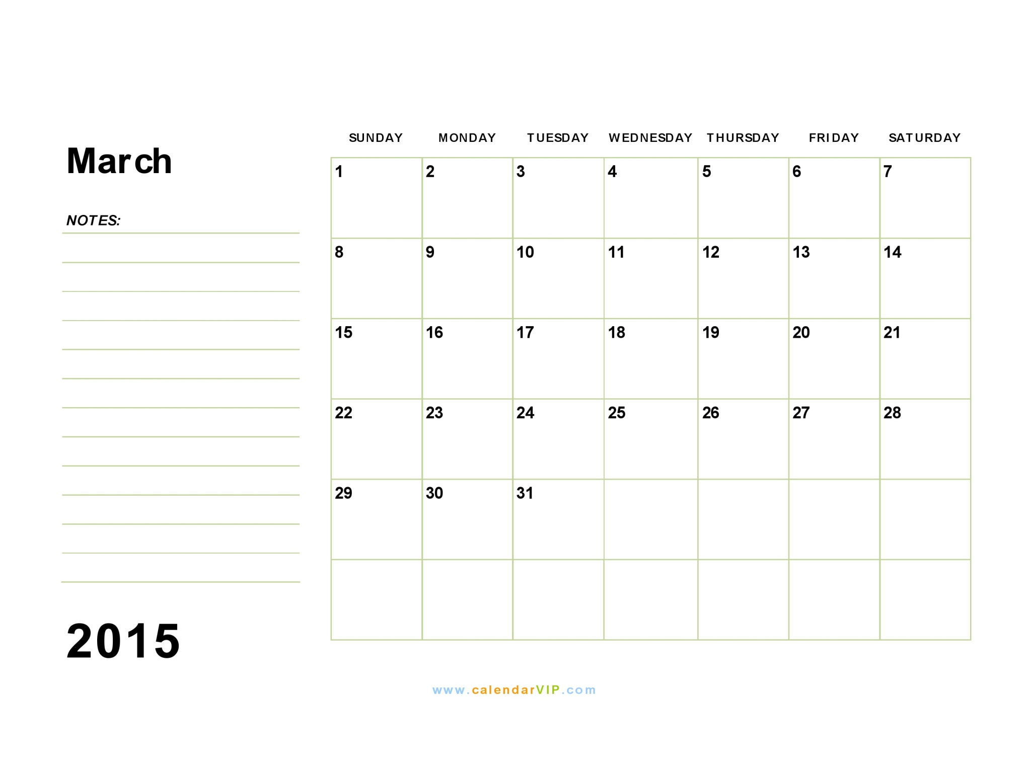 March 2015 Calendar Template