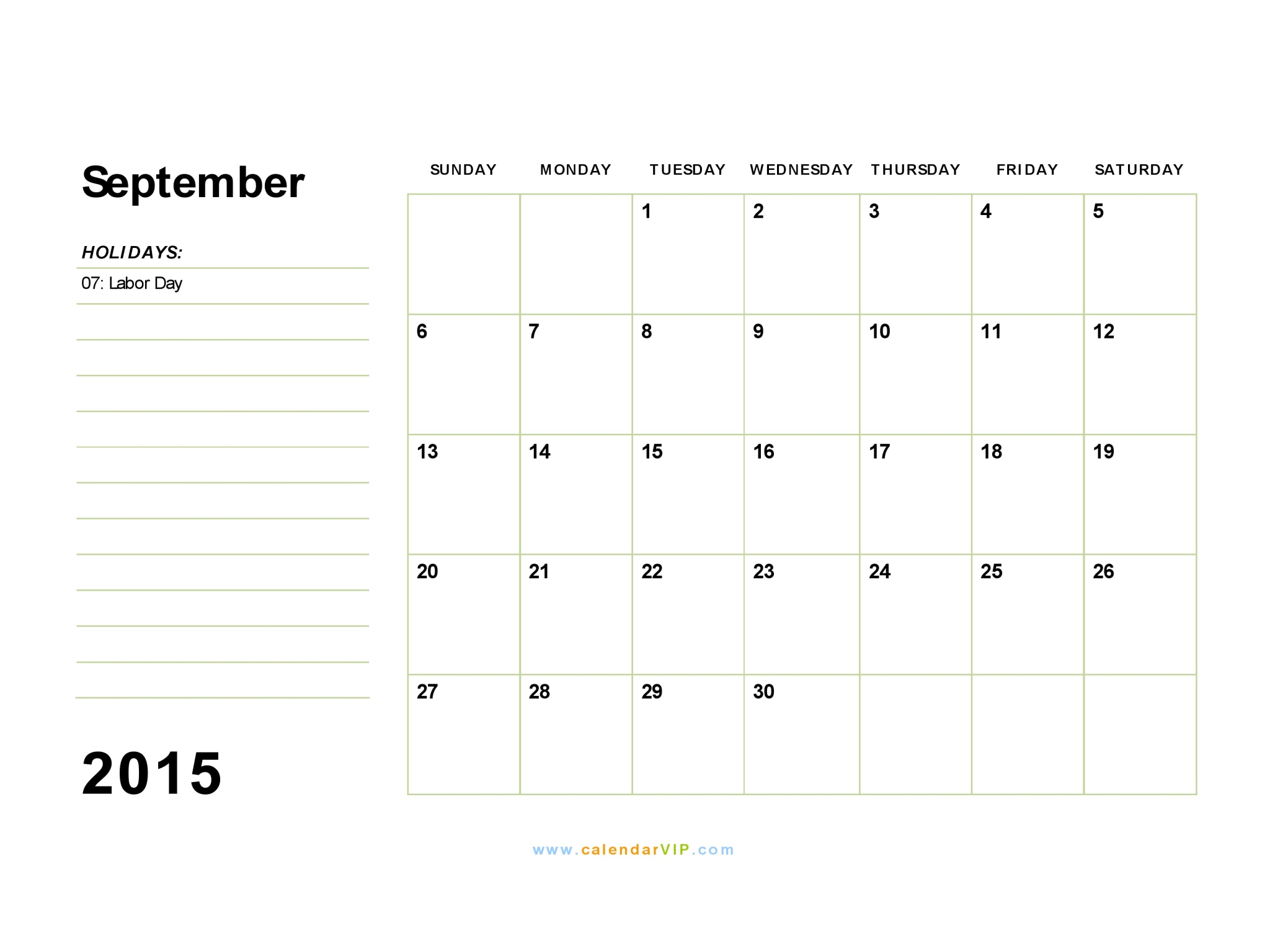 September 2015 Calendar Blank Printable Calendar