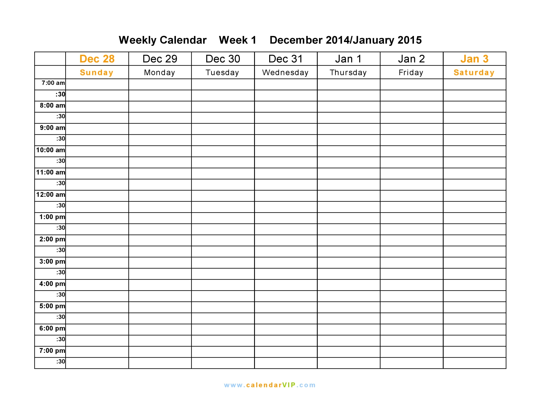 December Weekly Calendar Template